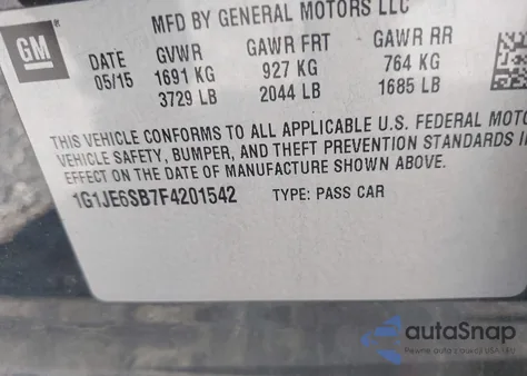 2015 Chevrolet Sonic Ltz Auto из США, поврежденный, VIN 1G1JE6SB7F4201542